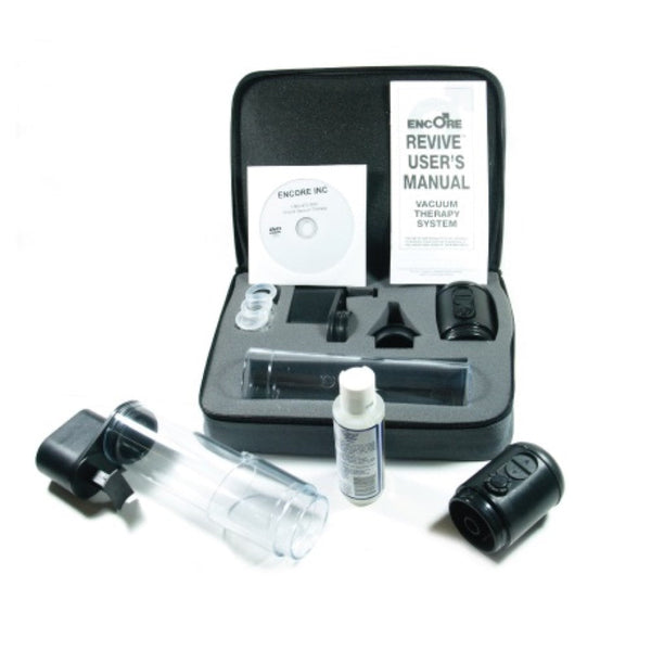 The image shows the components of the Encore Revive Premium Vacuum Erection Device Therapy System, including a pump, penile tube, rings, and other accessories, displayed alongside a user's manual.