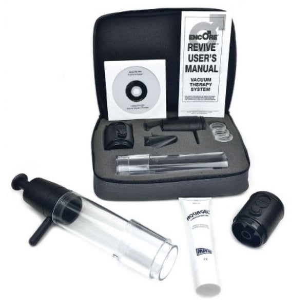 The image shows the components of the Encore Deluxe Vacuum Erection Device Therapy System, including a pump, penile tube, rings, and other accessories, displayed alongside a user's manual.
