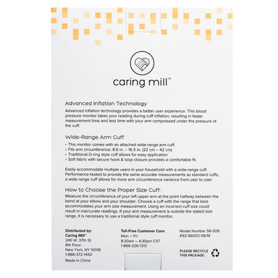 Caring Mill SmartHeart Upper Arm Digital Blood Pressure Monitor with Attached Wide-range Arm Cuff, Fits arms 8.6 to 16.5 Inches