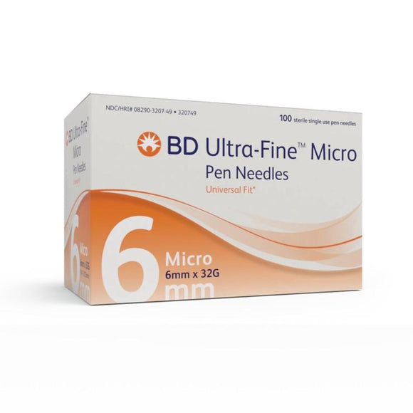 BD Ultra-Fine 32G (0.23mm) 1/4in (6.35mm) Box of 100 Becton Dickinson Insulin Micro Pen Needles, 58320749