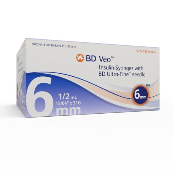 BD Veo 31G (0.25mm) 15/64in (6mm) 1/2cc (0.5mL) Becton Dickinson Ultra-Fine Needle U100 Insulin Syringes