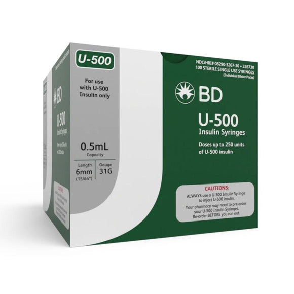 BD 31G (0.25mm) 15/64in (6mm) 1/2cc (0.5mL) Becton Dickinson Ultra-Fine Needle U500 Insulin Syringes
