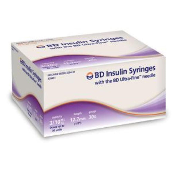 BD 30G (0.30mm) 1/2in (12.7mm) 3/10cc (0.3mL) Becton Dickinson Ultra-Fine Needle U100 Insulin Syringes