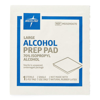 Medline Sterile Alcohol Prep Pads, 2-Ply Large, Box of 100, MDS090670