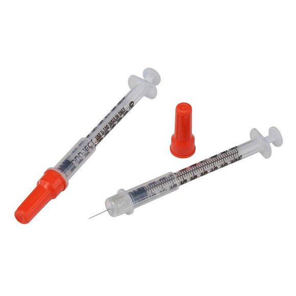 Covidien Monoject Safety 30G 5/16in (8mm) 3/10cc (0.3mL) U100 Insulin Syringes, 30 Gauge (0.30mm), Box of 100