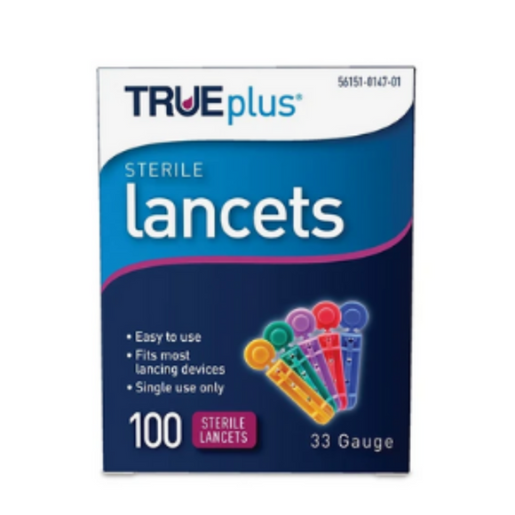 Trividia 33G (0.20mm) True Plus Lancets for TRUEdraw Lancing Device, 33 Gauge, Sterile, Comfort Tip, Box of 100