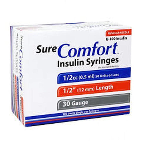 Allison Medical SureComfort 30G (0.30mm) 1/2in (12.7mm) 1/2cc (0.5mL) U100 Insulin Syringes