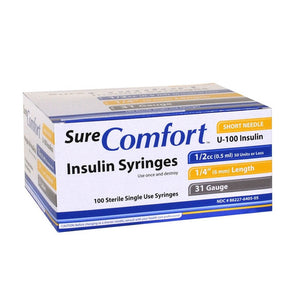 Allison Medical SureComfort 31G 1/4in (6.35mm) 1/2cc (0.5mL) U100 Insulin Syringes, 31 Gauge (0.25mm), 22-6405