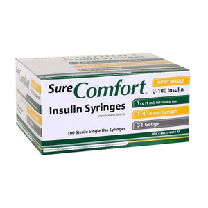 Allison Medical SureComfort 31G 1/4in (6.35mm) 1cc (1mL) U100 Insulin Syringes, 31 Gauge (0.25mm), 22-6410