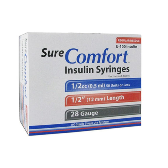 Allison Medical SureComfort 28G (0.36mm) 1/2in (12.7mm) 1/2cc (0.5mL) U100 Insulin Syringes