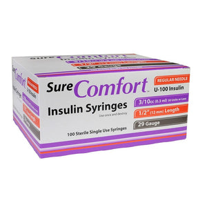 Allison Medical SureComfort 29G (0.33mm) 1/2in (12.7mm) 3/10cc (0.3mL) U100 Insulin Syringes