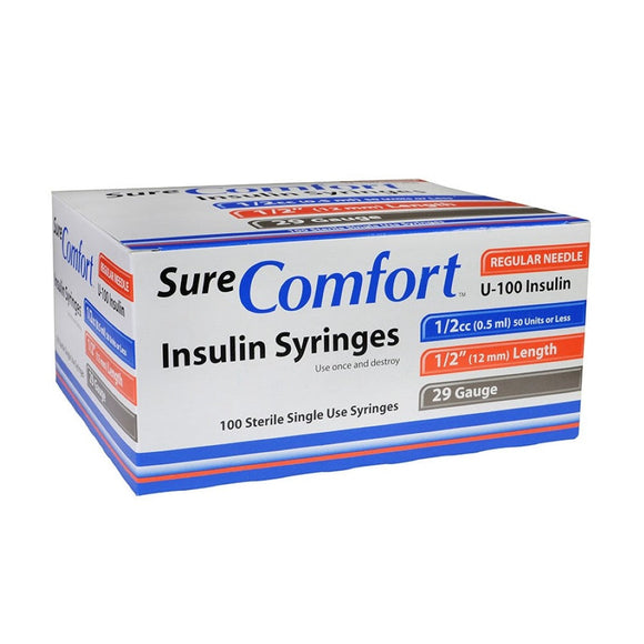 Allison Medical SureComfort 29G (0.33mm) 1/2in (12.7mm) 1/2cc (0.5mL) U100 Insulin Syringes