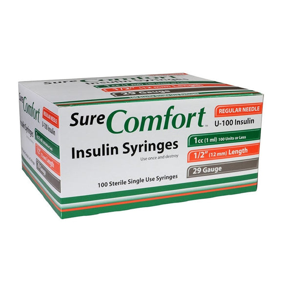 Allison Medical SureComfort 29G (0.33mm) 1/2in (12.7mm) 1cc (1mL) U100 Insulin Syringes