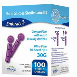 Omnis Health 30G (0.30mm) Embrace Lancets, 30 Gauge, Ultra Fine Needle, Box of 100