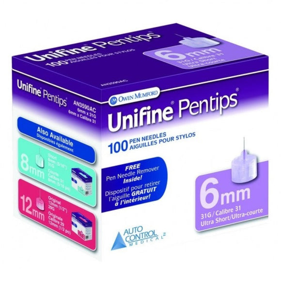 Owen Mumford Unifine Pentips 31G (0.25mm) 1/4in (6.35mm) 100 U100 Insulin Mini Pen Needles, AN3590