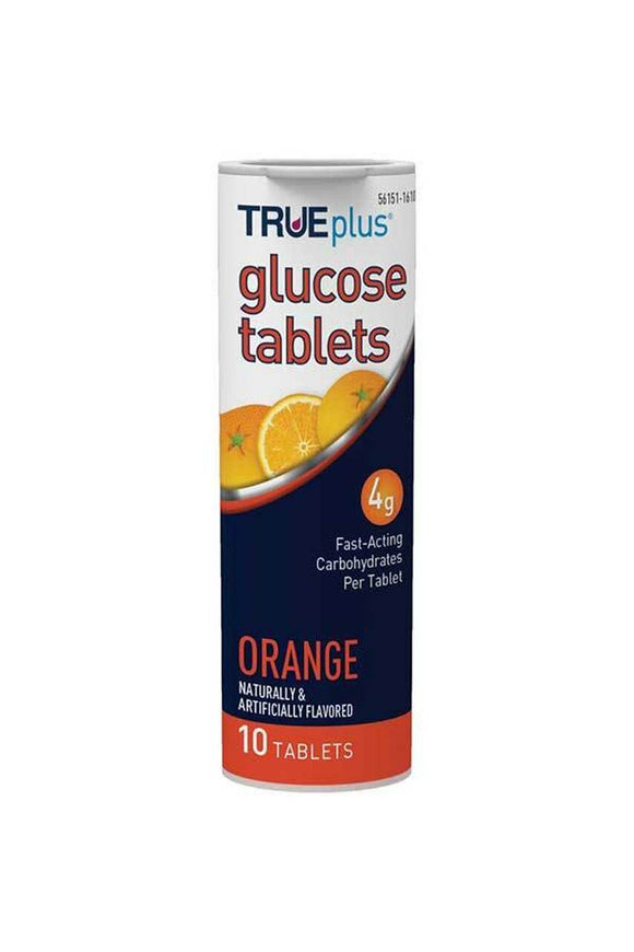Trividia Health TRUEplus Glucose Tablet, 4g Fast-Acting Carbs/Serving, Orange Flavor, 10 Tablets, P1H01RN