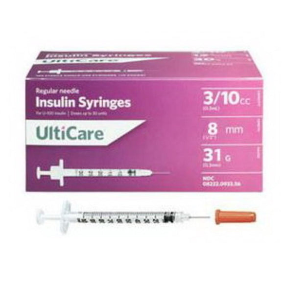 Ultimed UltiCare 31G (0.25mm) 5/16in (8mm) 3/10cc (0.3mL) U100 Insulin Syringes