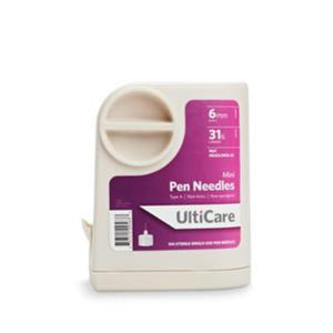 Ultimed UltiCare 31G (0.25mm) 1/4in (6.35mm) U100 Insulin Mini Pen Needles with UltiGuard Safe Pack, 09563