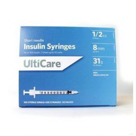 Ultimed UltiCare 31G (0.25mm) 5/16in (8mm) 1/2cc (0.5mL) U100 Insulin Syringes
