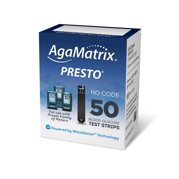AgaMatrix WaveSense Presto Blood Glucose Test Strips, No Coding, Box of 50