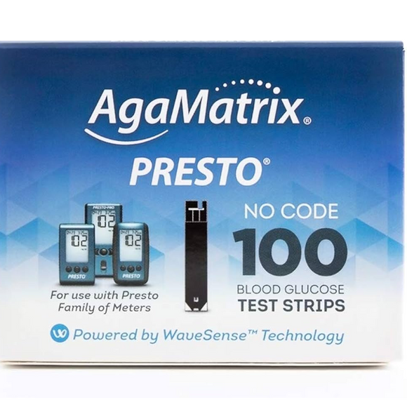 AgaMatrix WaveSense Presto Blood Glucose Test Strips, No Coding, Box of 100