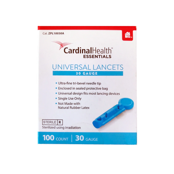 Cardinal Health 30G (0.30mm) Essentials Universal Lancets, 30 Gauge, Box of 100
