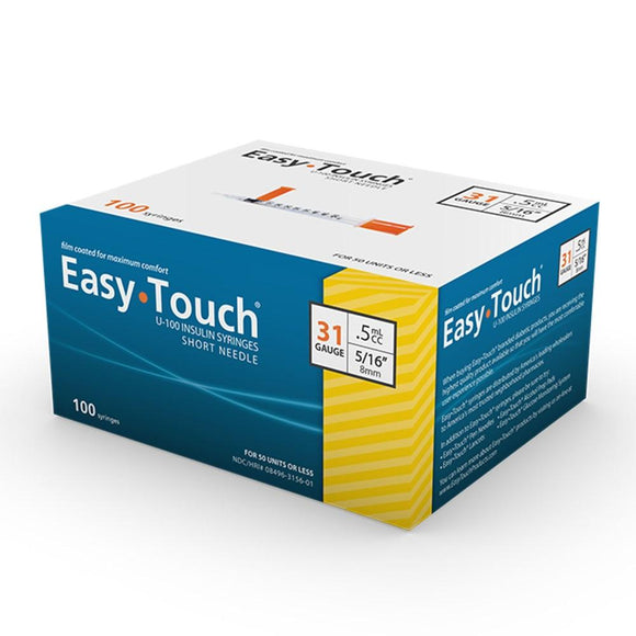 MHC EasyTouch 31G (0.25mm) 5/16in (8mm) 1/2cc (0.5mL) U100 Insulin Syringes